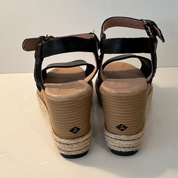 Sperry "Plush Wave" Wedge Black Leather & Jute Sandals ~ Women's Size 9.5M ~ EUC - Picture 5 of 13